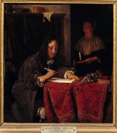 The writer. Servant holds a candle so the writer has light to write by Gabriel Metsu