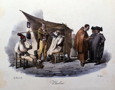 Small metier of the city of Naples: a walking barber and chatting in the street. Lithograph of G. Dura by Gaetano Dura