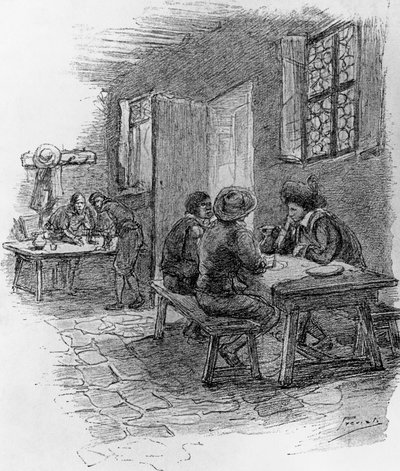 Renzo, Tonio, and Gervase at inn, Chapter VII, illustration by Gaetano Previati for Betrothed, historical novel by Alessandro Manzoni by Gaetano Previati