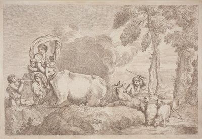 A Woman with Two Children on Horseback by Gaetano Zompini, after Giovanni Benedetto Castiglione