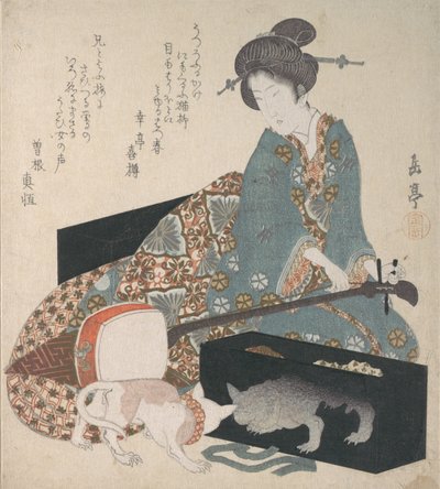 Woman Tuning a Shamisen and a Cat Looking at its Own Reflection, mid-1820s by Gakutei