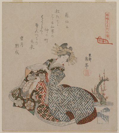 Courtesan Reading Beside a Potted Plum Tree, from the Series Seven Courtesans Compared to Daoist Immortals by Gakutei Harunobu