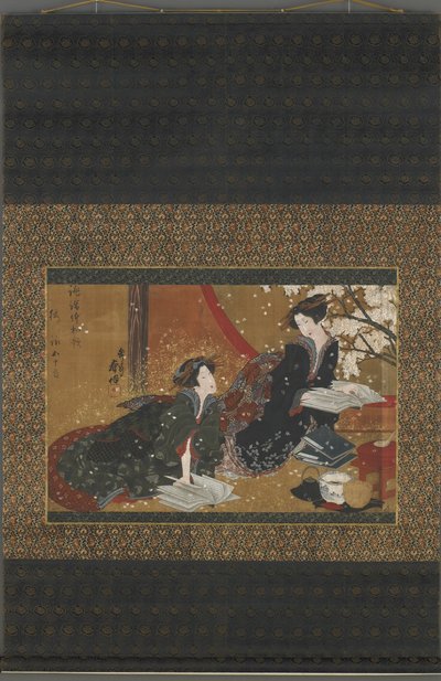 Two geisha reading from a book, Edo period by Gakutei Harunobu