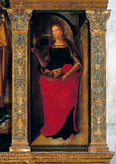 Polyptych with the Nativity with side panels featuring Saints Peter, Paul, Clement and Magdelene (detail) by Galeazzo and Aleni Tommaso fl.1505 15) Campi