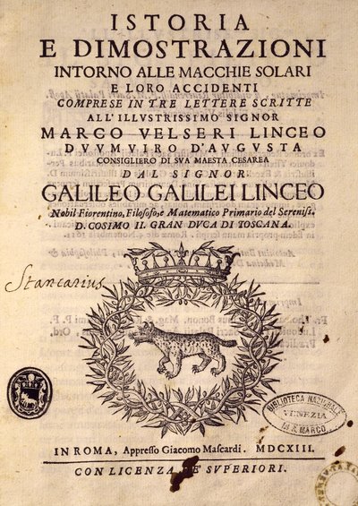 Title page of History and demonstrations concerning sunspots and their properties by Galileo Galilei