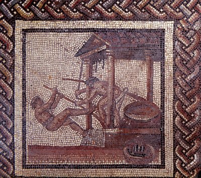 Mosaic paving representing a rustic calendar and an oil press by Gallo Roman