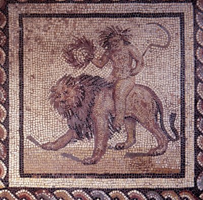 Gallo Roman Art: mosaic paving representing a rustic calendar. Summer allegory about a lion. End 2nd, beginning of 3rd century after JC. From Saint-Romain-en-Gal (Rhone) by Gallo Roman