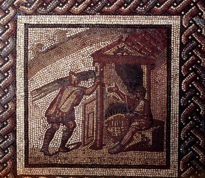 Gallo Roman Art: mosaic paving representing a rustic calendar. Wicker work and braiding baskets. End 2nd, beginning of 3rd century after JC. From Saint-Romain-en-Gal (Rhone) by Gallo Roman