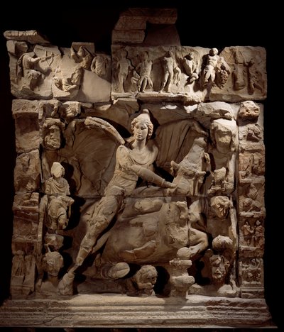 Gallo Roman Art: relief depicting Mithra the god of light with the bull. From a Mithraeum temple. 50 BC-100 AD. Metz. Museum of Fine Arts by Gallo Roman