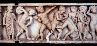 Gallo Roman art: marble frieze from a sarcophagus depicting children playing by Gallo Roman Gallo Roman