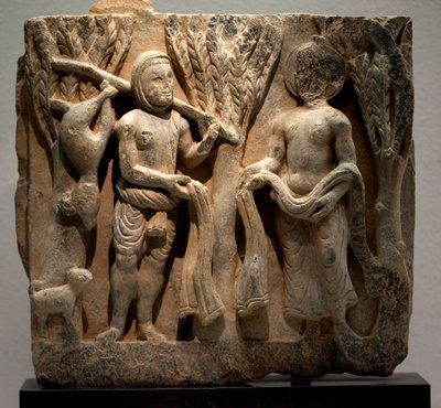 Exchange clothes with a hunter. Low relief sculpted, art of Gandhara (Pakistan), 2nd-3rd century. National Museum of Korea, Seoul (South Korea) by Gandhara School