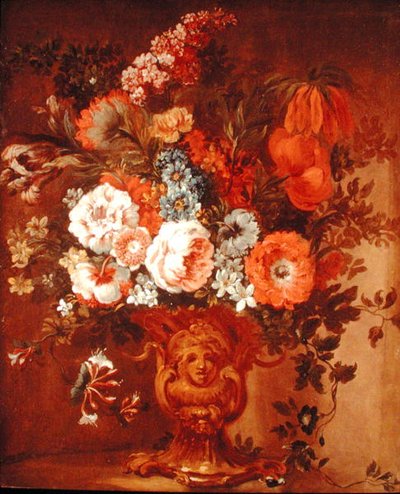 Roses, Poppies, Honeysuckle, Stock and Other Flowers in a Sculpted Vase by Gaspar Peeter The Elder Verbruggen