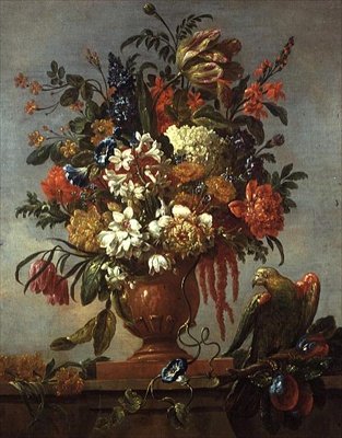 Still Life of Flowers in an Urn, with a Red Parrot by Gaspar Pieter II Verbruggen