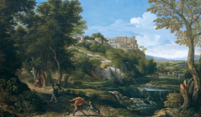 Landscape showing dancing faun and nymph by Gaspard Poussin Dughet