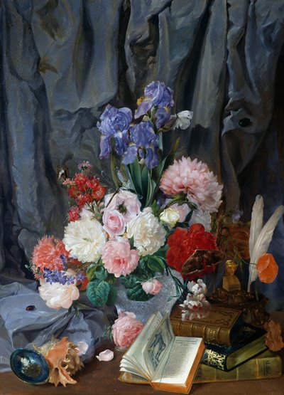 Still life with vase of cut flowers, shells and books by Gaspare Mattioli