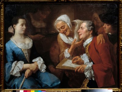 A Painter and His Model, Behind Him an Old Woman Stretches Her Neck to Watch Her Drawing by Gaspare Traversi