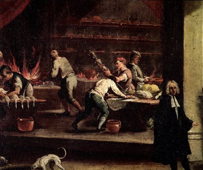 Venetian cooks working in a kitchen (detail) by Gasparo Diziani