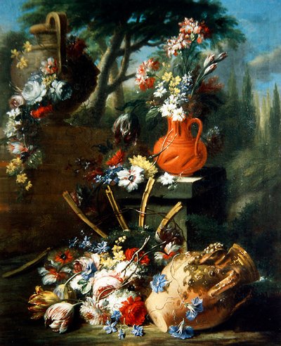 A Still Life of Flowers in Terracotta pots by Gasparo Lopez