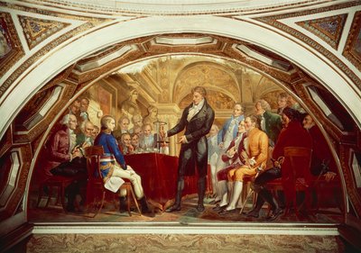 Alessandro Volta (1745-1827) displaying his newly invented battery to Napoleon (1769-1821) at Institut de France in Paris, November 7 by Gaspero Martellini