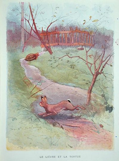 The Hare and the Tortoise, illustration from the Fables by Jean de la Fontaine (1621-95) early 20th century by Gaston Gelibert