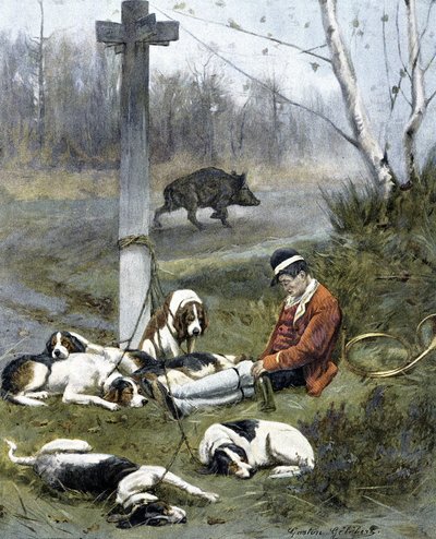 The hunter and his sleepy dogs - engraving by Gaston Gelebert by Gaston Gelibert