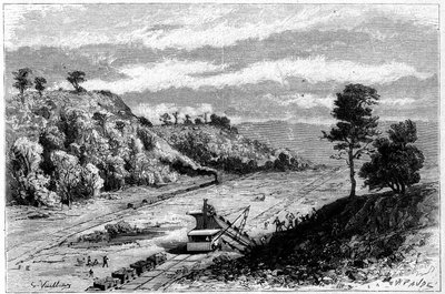 Construction of the Panama Canal - Excavation Site at Monkey Hill. Engraving by Vuillier in 