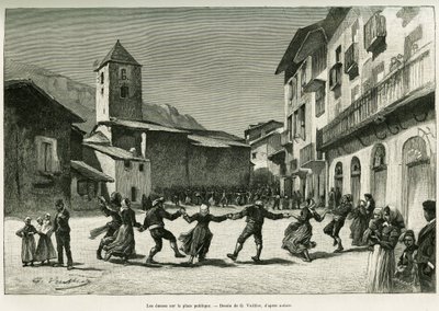 Dances in the public square. Engraving by G.Vuillier, to illustrate the story 