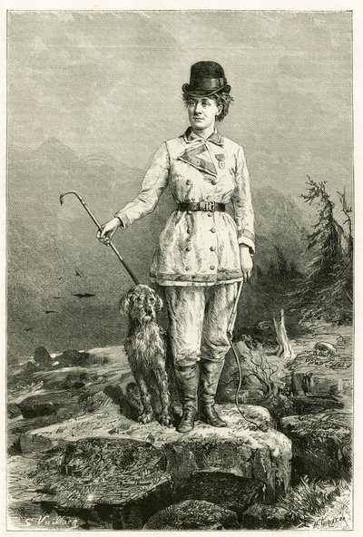 Portrait of Madame Marie De Ujfalvy-Bourdon, in travel dress, with her dog, married to ethnologist linguist and explorer Charles Eugene Ujfalvy. Engraving by G.Vuillier. by Gaston Vuillier