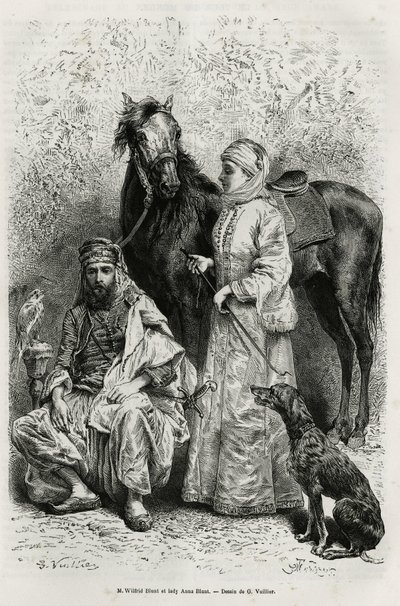 Portraits of Mr.Wilfrid Blunt (1840-1922), poet and writer, and his wife, Lady Anna Blunt (nee King Noel (King Noel) 1837-1917), the first European woman to explore the Middle East, wearing a travel suit, in front of one of the Arab horses in their stables by Gaston Vuillier