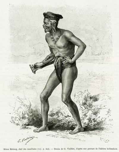 Sibou Mobang, head of cannibals. Engraving by G.Vuillier, to illustrate the story De Koutei a Bandjirmasin, voyage through Borneo, by Carl Bock, in le tour du monde 1890, directed by Edouard Charton, Hachette, Paris by Gaston Vuillier