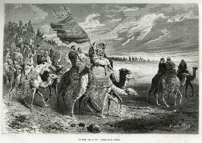 The Berak, the flag of Emir Ibn Al Rashid (1872-1890) (Saudi Arabia). Engraving by G.Vuillier, to illustrate the story Pelerinage au Nedjed, cradle of the Arab race, by Lady Anna Blunt, in 1878-1879, published in the Tour du monde, under the direction of E by Gaston Vuillier