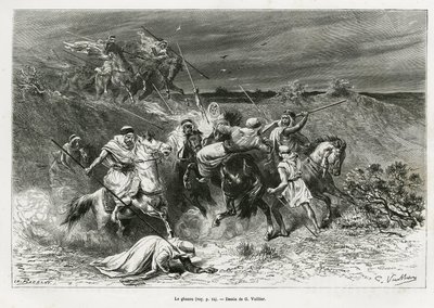 The Ghazou, or razzia, looting with a hand. Engraving by G.Vuillier, to illustrate the story Pelerinage au Nedjed, cradle of the Arab race, by Lady Anna Blunt, in 1878-1879, published in the Tour du monde, under the direction of Edouard Charton (1807-1890) by Gaston Vuillier