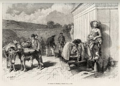 The fountain of the Rossello, in Sassari (Italy). Daily activities, woman filling a criche and water bearers with their donkeys, filling their barrels. Engraving and story 