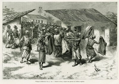 The village of Bakourou, the indigenous people are offered presents for peace negotiations. Engraving by G.Vuillier, to illustrate the story Dans les tenebres de l