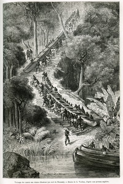Tragging canoes at Innkissi Falls (or Livingstone Falls) (Congo), under the direction of Sir H.M.Stanley (1841-1904), drawing by G.Vuillier, to illustrate the story Through the Mysterious Continent, a voyage made between 1874-1877, by Sir H.M.Stanley. Engr by Gaston Vuillier