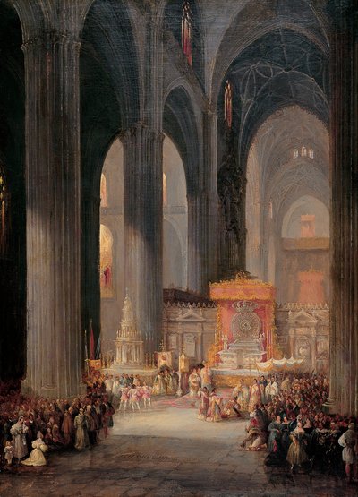 The Corpus Christi Procession inside Seville Cathedral by Genaro Pérez Villaamil