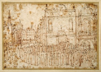 A Venetian procession moving from a scuola to a flanking church by Gentile Bellini
