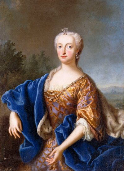 Portrait of Maria Amalia, standing three-quarter length, wearing an embroidered gown by Georg (circle of) Desmarees