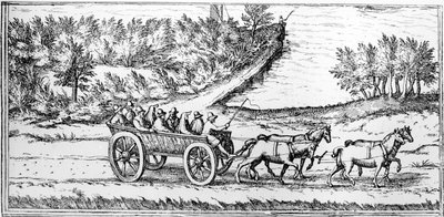 Coach with passengers in France, detail of a map, late 16th century by Georg Braun und Franz Hogenberg