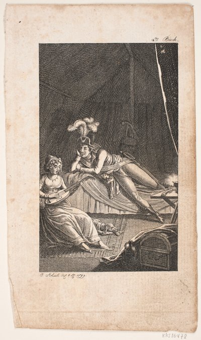 Illustration with a lady playing the lute for a gentleman in a tent by Georg Christian Schule