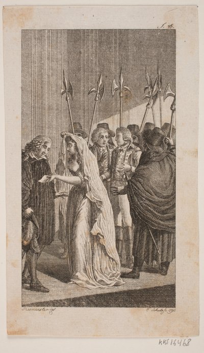 Illustration with a Young Lady Giving a Letter to an Older Man. In the Background Two Gentlemen Surrounded by City Guards by Georg Christian Schule