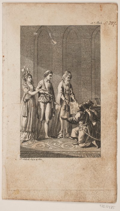 Illustration with a Young Couple with an Oriental and Three Kneeling Turkish Soldiers by Georg Christian Schule