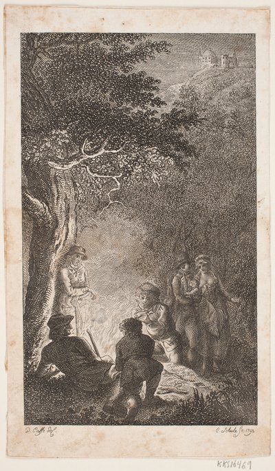 Illustration with Figures around a Bonfire by Georg Christian Schule