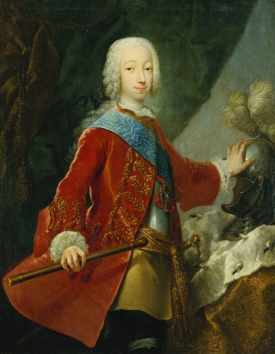 Portrait of a Gentleman, Probably the Grand Duke Peter Fedorovich, Later Czar Peter III, Standing Three-Quarter Length, Wearing a Red Embroidered Jacket, Breastplate and the Badge of Saint Anne, Holding a Baton, His Hand Resting on a Helmet on a Table by Georg Christoph Grooth
