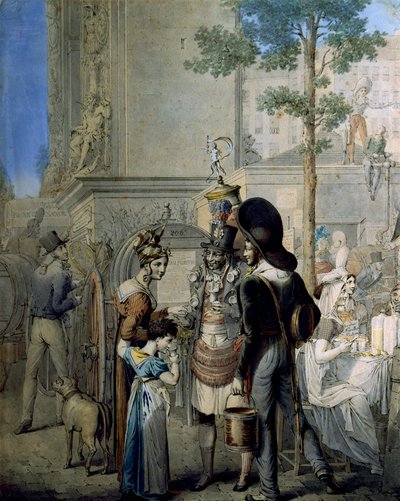 Coconut trader Porte Saint Denis in Paris. Old merchant shop selling coconut cups in the streets of Paris. Drawing by German George Emanuel Opitz by Georg Emanuel Opitz