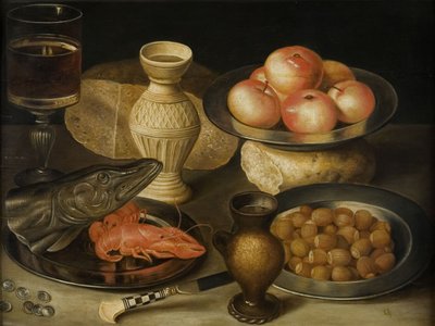 Still life with Siegburg stoneware jug, glass, knife, two loaves, Early 17th century by Georg Flegel