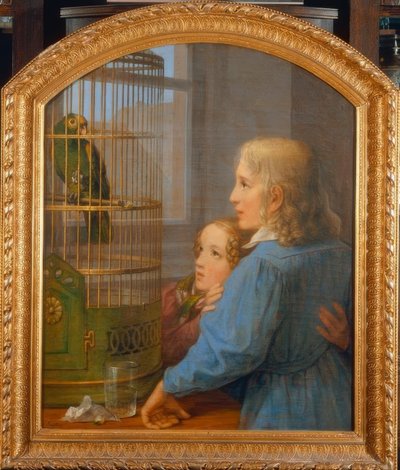 Two Children in Front of a Parrot Cage by Georg Friedrich Kersting