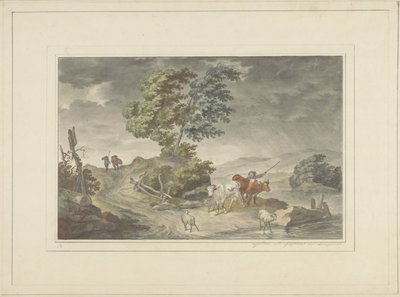 Hilly Landscape with Herdsman and Walkers under Threatening Sky by Georg Lamprecht (possibly)
