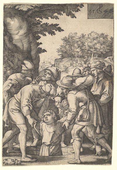 Joseph lowered into a well by his brothers, from the series The Story of Joseph, 1546 by Georg Pencz
