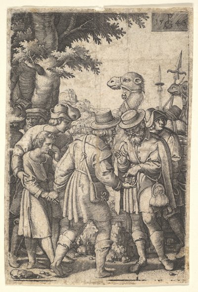 Joseph Sold to the Merchants: A Bearded Man Grasping Joseph with His Left Hand Receives Co... by Georg Pencz